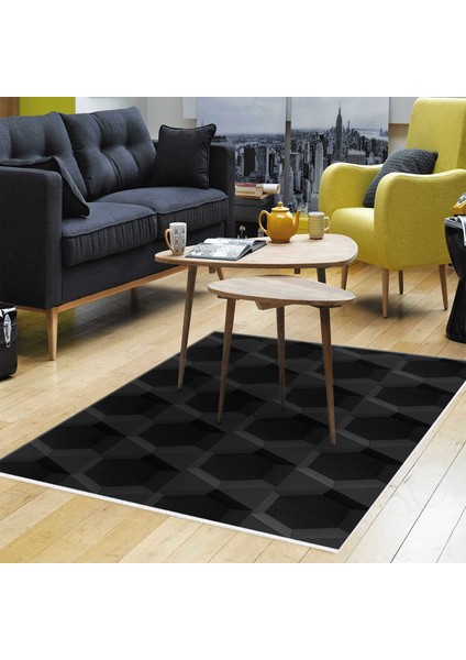 Kaymaz Dijital Mutfak & Salon Halı Yıldız Deri Geometrik E5016 Siyah
