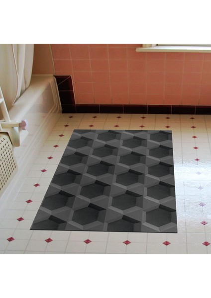 Kaymaz Dijital Mutfak & Salon Halı Yıldız Deri Geometrik E5016 Siyah