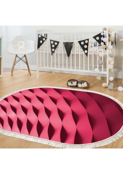 Kaymaz Dijital Mutfak & Salon Halı Trend Saçaklı Oval Geometrik E5017 Pudra