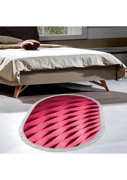 Kaymaz Dijital Mutfak & Salon Halı Trend Saçaklı Oval Geometrik E5017 Pudra