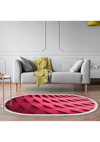 Kaymaz Dijital Mutfak & Salon Halı Trend Saçaklı Oval Geometrik E5017 Pudra