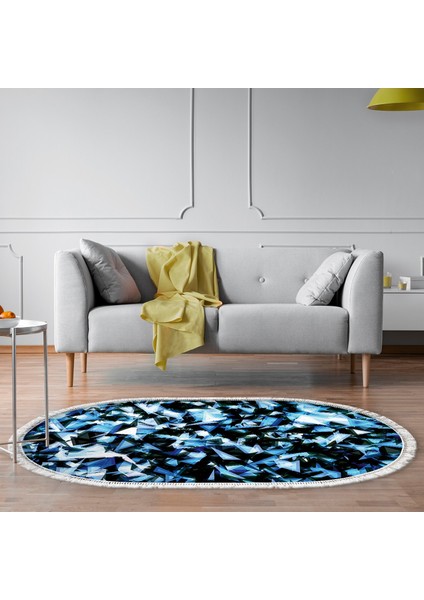 Kaymaz Dijital Mutfak & Salon Halı Star Pamuk Saçaklı Oval Geometrik E5012 Mavi