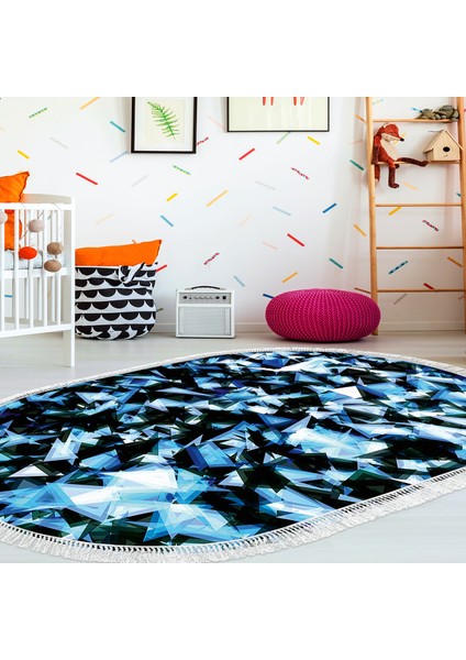 Kaymaz Dijital Mutfak & Salon Halı Star Pamuk Saçaklı Oval Geometrik E5012 Mavi