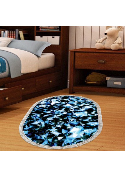 Kaymaz Dijital Mutfak & Salon Halı Star Pamuk Saçaklı Oval Geometrik E5012 Mavi