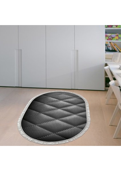 Kaymaz Dijital Mutfak & Salon Halı Trend Saçaklı Oval Geometrik E5013 Siyah