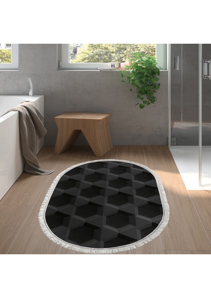 Kaymaz Dijital Mutfak & Salon Halı Star Pamuk Saçaklı Oval Geometrik E5016 Siyah