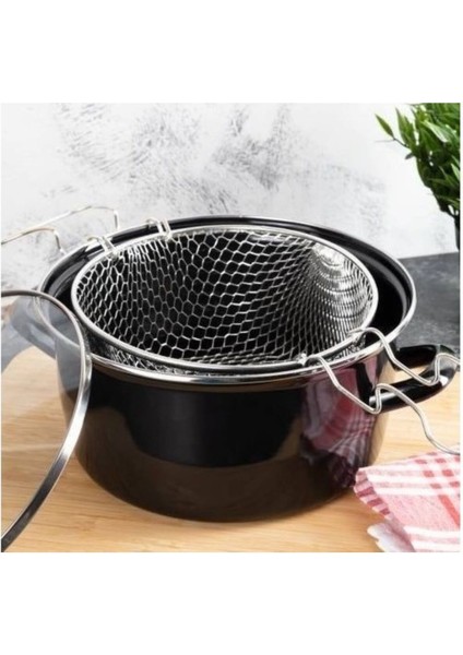 Şık Cam Kapaklı Emaye Cips ve Kızartma Tenceresi, Siyah