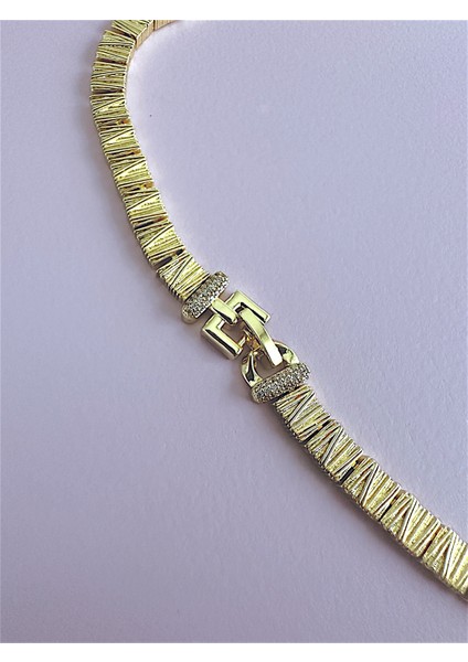 Özel Seri Rodyum Üzeri 14K Korumalı Altın Kaplama Çizgili Kare Zirkon Uçlu Gold Kolye