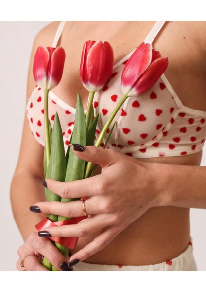 Kalp Desenli ve Nakış Işlemeli Şık Tül Sütyen Takım