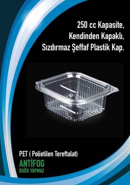 250 cc - 250 gr Sızdırmaz Kap Kendinden Kapaklı 50 Adet PET ( Polietilen Tereftalat)