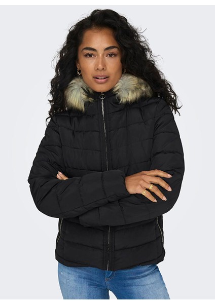 Siyah Kadın Mont Onlellan Quılted Hood Jacket cc Otw fırsatları