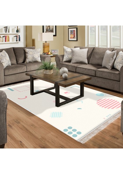 Kaymaz Dijital Mutfak & Salon Halı Trend Saçaklı Geometrik E5015 Beyaz