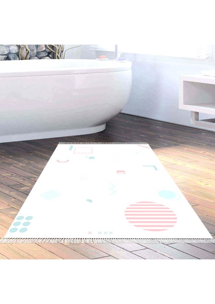 Kaymaz Dijital Mutfak & Salon Halı Trend Saçaklı Geometrik E5015 Beyaz