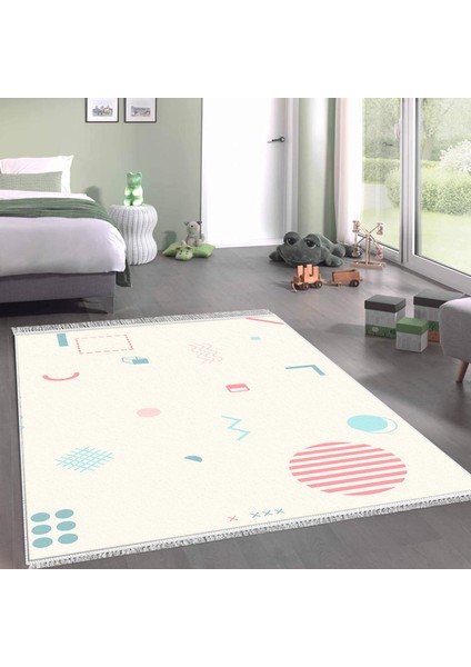 Kaymaz Dijital Mutfak & Salon Halı Trend Saçaklı Geometrik E5015 Beyaz