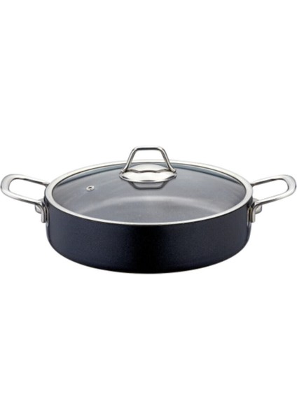24 cm Granit Basık Tencere, Siyah, Dayanıklı ve Şık Mutfak Gereci