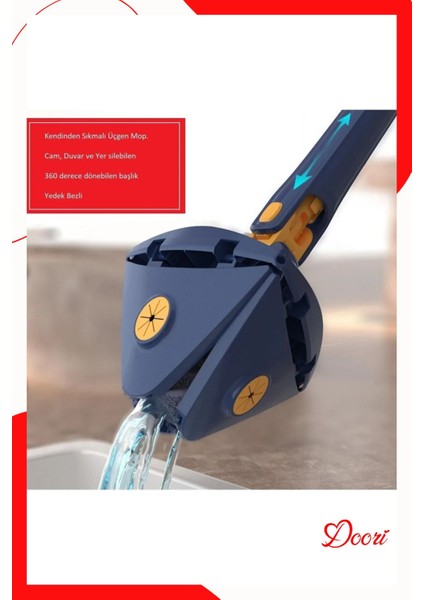 Kendinden Sıkmalı Üçgen Mop, Mikrofiber Bezli, Cam ve Yüzey Temizleme Paspası