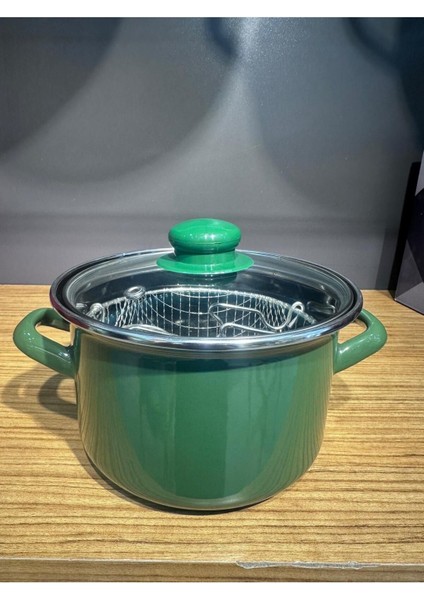 16 cm Emaye Kızartma Tencere, Yeşil Renkli, Dayanıklı ve Şık Tasarım