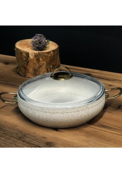 Karnıyarık Desenli Granit Tencere 26 cm Altın Kulp Kırmızı