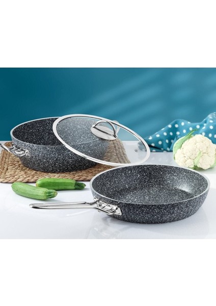 Granit 2'li Tencere ve Tava Seti 26 cm Cam Kapaklı Metal Kulpli 3 Parça