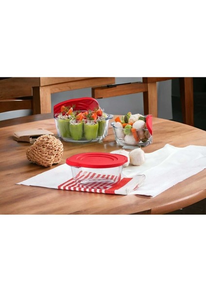 Kırmızı Yuvarlak Borcam Tencere, 840CC, Kapaklı, 7cm Yükseklik, 16CM Çap