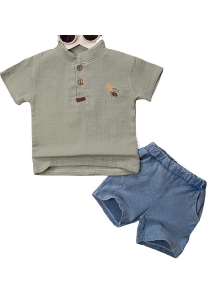 Müslin Kumaş Hakim Yaka Erkek Bebek Takım & 2’li Yazlık Set