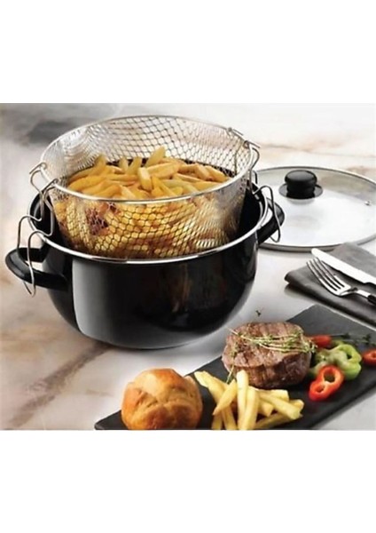 24 cm Emaye Cam Kapaklı, Yanmaz, Yapışmaz, Çizilmez, Lüks Kızartma Tencere