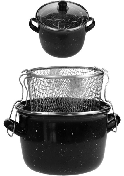 24 cm Emaye Fritöz Tencere Cam Kapak, Beyaz, Dayanıklı ve Şık Tasarım