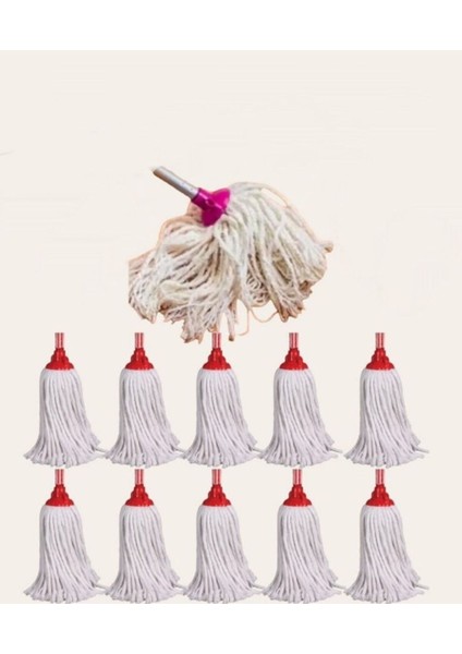 Kırmızı Beyaz Ipli Paspas Seti, 10 Adet Yedek Ucu ile Temizlik Kolaylığı