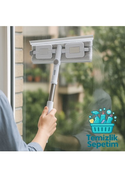 Çift Taraflı Cam Mopu, Mandallı, Yedek Bezli, Beyaz-Gri Renkli