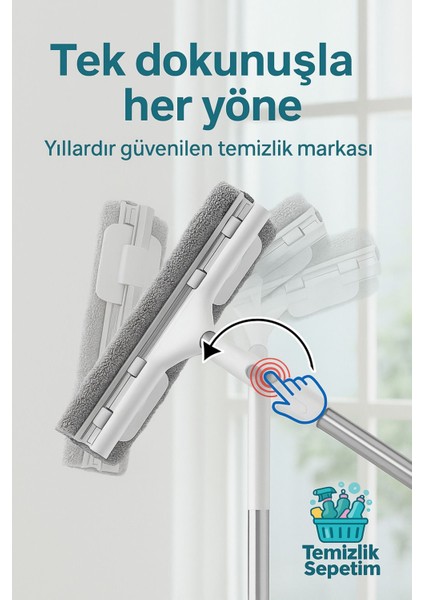 Çift Taraflı Cam Mopu, Mandallı, Yedek Bezli, Beyaz-Gri Renkli