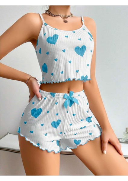 Kadınbeyaz Mavi Kalp Desenli Askılı Şortlu Pijama Takım 6657