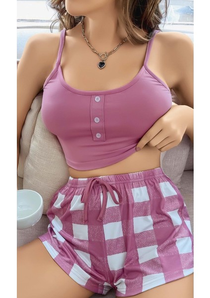 Kadın Pembe Kareli Desenli Askılı Şortlu Pijama Takım 6651
