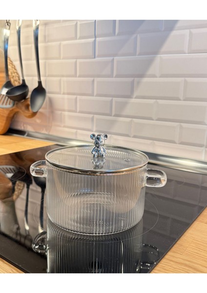 Isıya Dayanıklı Borosilikat Cam Ayıcık Figürlü Tencere 1.8 L Beyaz