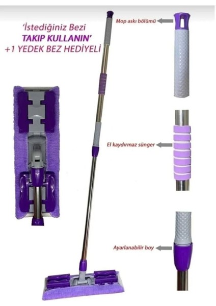 Mor Renkli Mikrofiber Yer ve Duvar Yüzeyi Temizleme Mop Seti, Yedek Bez Hediye ile