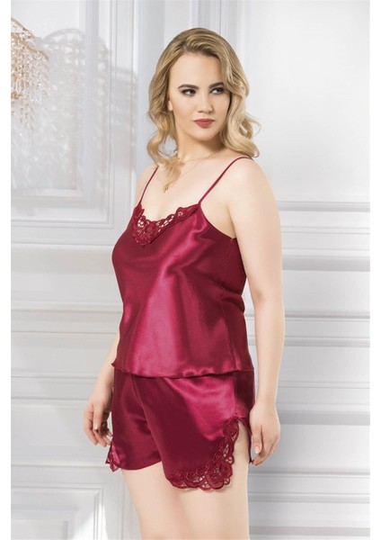 Marsilyan- Beruflic Büyük Beden Bordo Saten Babydoll Şort Takımı