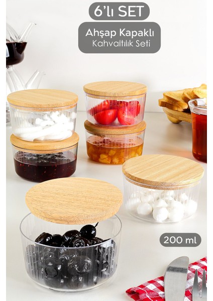 6'lı Ahşap Kapaklı Saklama Kabı Seti, Yuvarlak, 200 Ml, Çerezlik ve Reçellik Seti