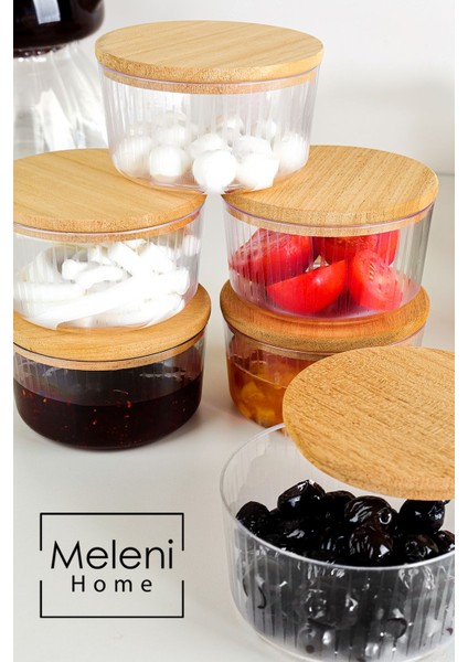 6'lı Ahşap Kapaklı Saklama Kabı Seti, Yuvarlak, 200 Ml, Çerezlik ve Reçellik Seti