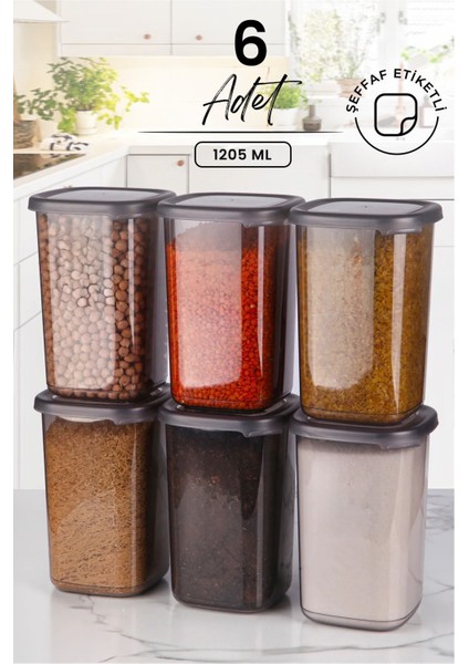 6'lı Gri Dikdörtgen Saklama Kabı Seti, 1205ML, Kapaklı, Etiketli, Çoklu Kullanım