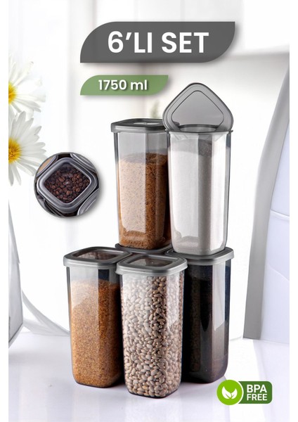 6'lı Büyük Kare Saklama Kabı Seti, Sızdırmaz Kapak, 1750 Ml, Gri