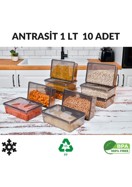 10 Adet Gri Kaplı Mikrodalga Uygun Saklama Kabı, 1 Litre, 19X13X6 cm