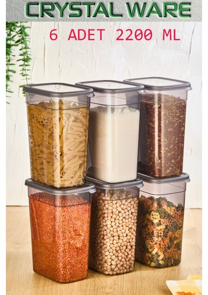 6'lı Dikdörtgen Saklama Kabı Seti, 2.2 Lt, Antrasit Renk, Dayanıklı ve Şık Tasarım