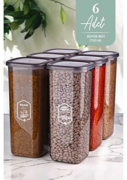 6'lı Jumbo Boy Dikdörtgen Saklama Kabı Seti 1750ML, Gri, Çay ve Şeker Saklama Için