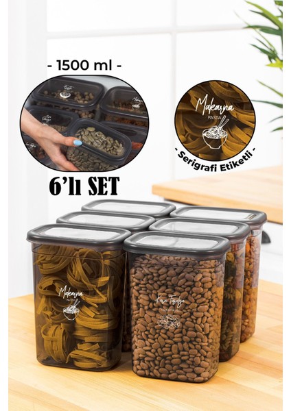 6'lı 1500 ml Dikdörtgen Saklama Kabı Seti, Serigrafi Etiketli, Antrasit Gri Renk