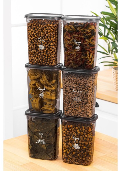 6'lı 1500 ml Dikdörtgen Saklama Kabı Seti, Serigrafi Etiketli, Antrasit Gri Renk fiyatları