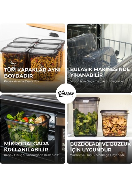 6'lı 1500 ml Dikdörtgen Saklama Kabı Seti, Serigrafi Etiketli, Antrasit Gri Renk