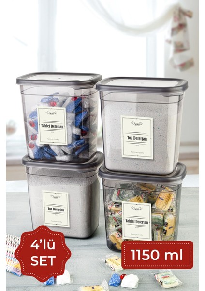 1150 ml 4'lü Dikdörtgen Temizlik Kabı Seti, Antrasit Renk, Pratik ve Şık Tasarım