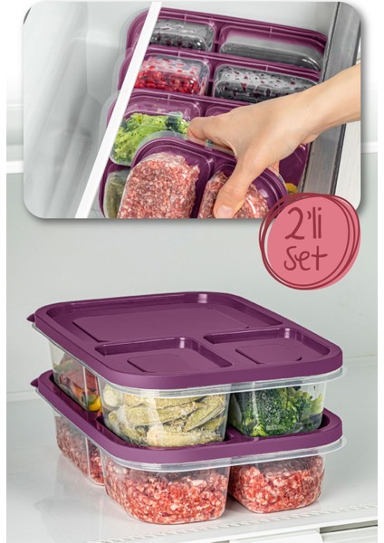 2'li 3 Bölmeli Dikdörtgen Saklama Kabı, 1,15 Litre, Mor Renk, Pratik ve Şık Tasarım