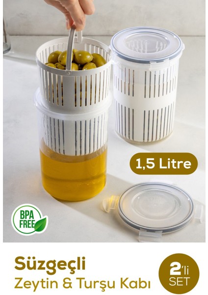 Iki Adet 1,5 Litre Süzgeçli Saklama Kabı, Beyaz, Zeytinlik ve Turşuluk Seti