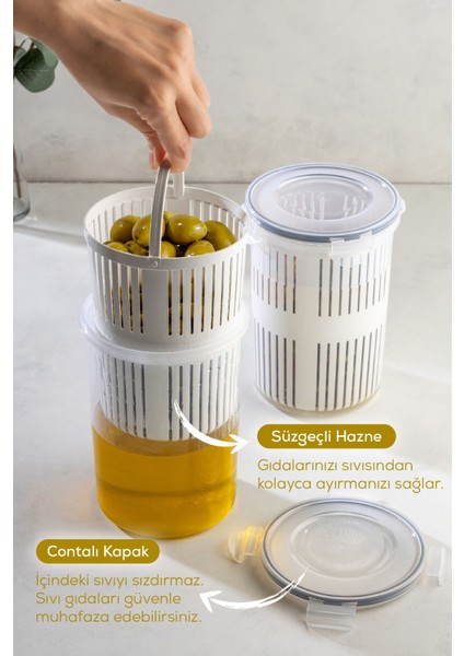 Iki Adet 1,5 Litre Süzgeçli Saklama Kabı, Beyaz, Zeytinlik ve Turşuluk Seti indirimleri