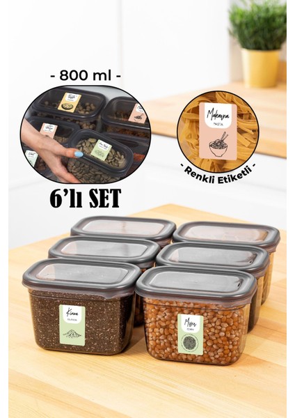 Renkli Etiketli 6'lı Dikdörtgen Saklama Kabı Seti, 800 Ml, Antrasit Renk